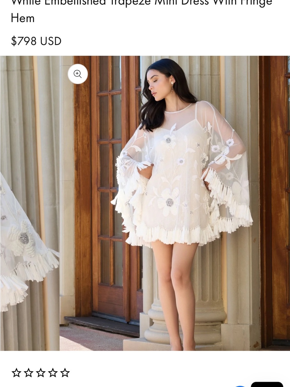 MAC DUGGAL
White Embellished Trapeze Mini Dress With Fringe Hem - Picture 2 of 4